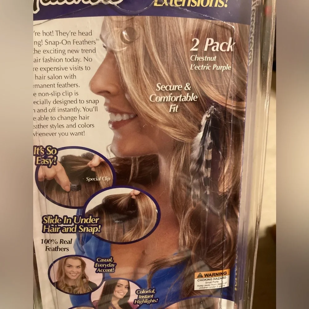 Snap-on Hair Feathers,  Instant Feather Extenions L'ectric Purple & Chestnut - 2